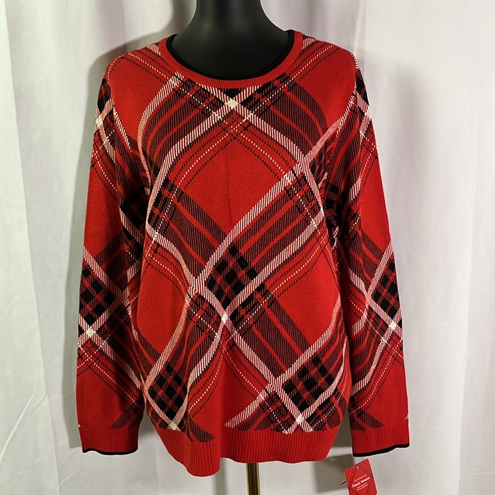 NWT Charter Club Ravishing Red & Black Plaid Long Sleeve Crew Neck Sweater